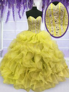 Vestidos de fiesta amarillos perfectos sin mangas de organza de los vestidos de bola que rebordean y colmenas longitud del piso atan para arriba 15 vestido del quinceanera