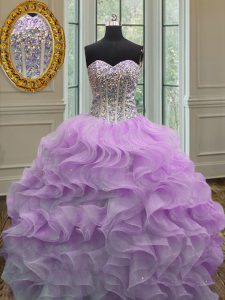 La longitud sin mangas elegante del piso del organza atan para arriba los vestidos de la quinceañera en lila con rebordear y volantes