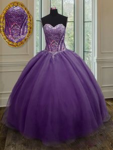 Romántica piso longitud púrpura quinceanera vestidos de encaje sin mangas de amor hasta