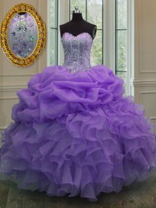 Dramático recoger novia sin mangas encaje hasta dulce 16 vestidos lavanda organza