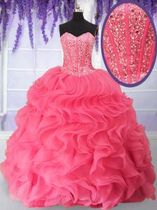 La longitud sin mangas perfecta del piso del organza ata para arriba el vestido del baile de fin de curso del vestido de bola en color de rosa rosado con rebordear y volantes