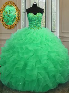 Organza verde ata hasta dulce 16 vestido de quinceañera longitud sin mangas piso rebordear y volantes