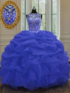 Shining scoop blue ball gowns rebordear y recoger vestidos de quinceañera encaje hasta organza longitud sin mangas piso