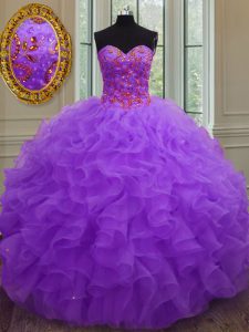 Longitud del piso vestido púrpura de la bola vestido del baile de fin de curso sin mangas del organza que rebordea y volantes