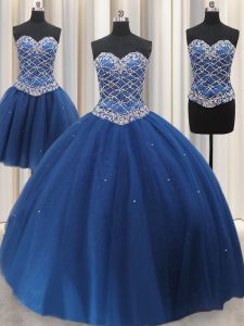 Los vestidos de bola de la longitud del piso de los cequis de tres pedazos los vestidos de bola azules sin mangas del membrillo atan para arriba