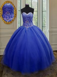 Beauteous azul royal sin mangas rebordear y cinturón piso longitud quince bola vestidos