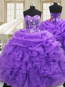 Longitud sin mangas del piso del organza atan para arriba los vestidos de quinceanera en púrpura con bordado y volantes