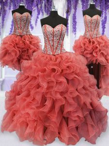 Vestido de moda de cuatro piezas vestido de quinceañera vestido de coral rojo sin mangas de organza longitud de piso sin mangas hasta