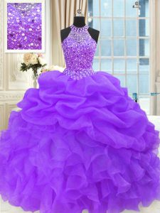 Púrpura ata para arriba dulce 16 vestido del quinceanera que rebordea y recoge longitud sin mangas del piso