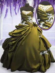 Encantador sin mangas apliques de longitud del piso y pick ups hasta el vestido de fiesta de baile vestido de baile con verde oliva