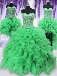 Los románticos cuatro pedazos verde de los vestidos de bola longitud sin mangas del piso del organza del amor atan para arriba el rebordear y el vestido de quinceanera de las colmenas