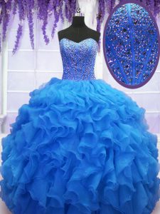 El cordón sin mangas del organza de moda atan para arriba el rebordear y el vestido del quinceanera del dulce 16 de las colmenas en azul real