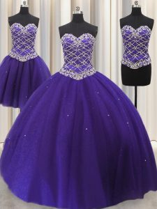 Vestido de quinceañera de los vestidos de bola de tres pedazos púrpuras atractivos de Tulle del amor sin mangas del reborde y de los cequis
