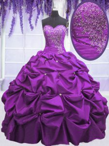 Púrpura sin mangas apliques de longitud del piso y pick ups de encaje hasta el vestido de baile vestido de fiesta