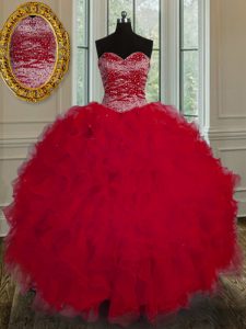 Los vestidos de bola rojos agradables longitud sin mangas del piso de Tulle del amor atan para arriba rebordear y los vestidos de quinceañera de las colmenas
