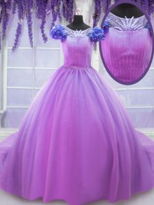 Decente lila vestidos de bola cuello de tul cuello mangas cortas hechas a mano la longitud del piso de flores hasta los vestidos de quinceañera