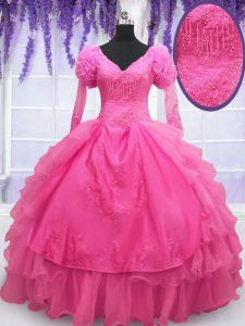 Bastante piso longitud hot pink quinceanera vestidos organza mangas largas rebordear y bordado y flor hecha a mano