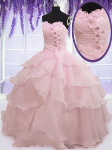 Vestidos de bola dinámicos del color de rosa del bebé ruffled capas vestido del quinceanera atan para arriba longitud sin mangas del piso del organza