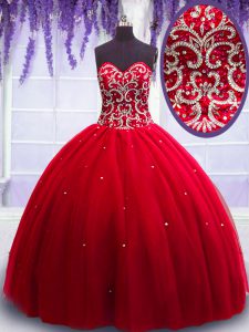 Espectacular longitud sin mangas del piso de Tulle ata para arriba 15 vestido del quinceanera en rojo con el rebordear