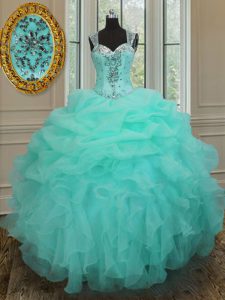 Straps Floor Length Apple Green Quinceanera Gown Organza Sleeveless Beading and Ruffles