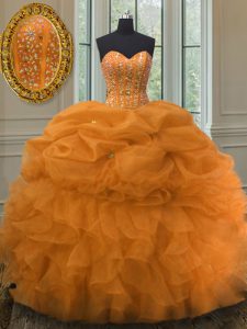 Organza naranja hasta el vestido de baile vestido de fiesta sin mangas longitud del piso perlas y volantes y pick ups