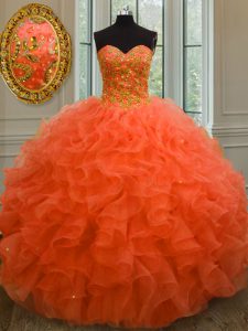 Delicados vestidos de baile vestido de quinceañera naranja rojo amor sin mangas de organza longitud del piso encaje hasta