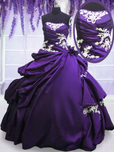 Tafetán sin tirantes sin mangas encaje hasta apliques y recoge 15 º vestido de cumpleaños en color púrpura