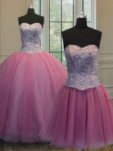 Sophisticated de tres piezas de longitud de piso rosa rosa dulce 16 vestidos de organza sin mangas beading