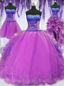 Bordado de cuatro piezas y volantes vestido de cumpleaños 15 púrpura ata hasta longitud sin mangas del piso