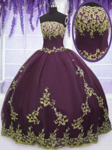 Sin mangas de longitud del piso appliques cremallera vestidos de quinceañera con púrpura