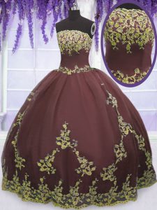 Diseñador de encaje y apliques dulces 16 vestidos de chocolate con cremallera longitud del piso sin mangas