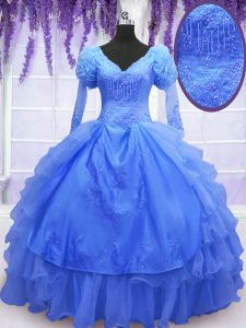 Super un hombro azul organza encaje hasta dulce 16 vestido de mangas largas longitud del piso perlas y bordados y flores hechas a mano