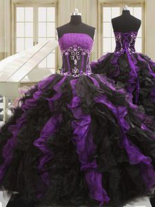 El organza negro y púrpura colorido ata para arriba la longitud sin mangas 15 del piso del vestido quinceanera que rebordea y ruffles