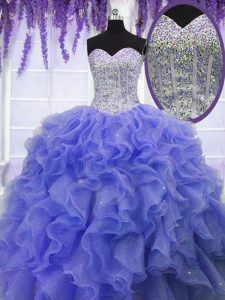 Púrpura ata para arriba las colmenas y los cequis del dulce 16 organza del vestido sin mangas