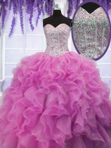 Los vestidos de bola color de rosa rosados ​​atractivos longitud sin mangas del piso del organza del amor atan para arriba el vestido dulce 16 de los cequis