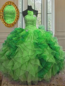Admirable verde vestido sin mangas sin tirantes de organza de los vestidos de bola y rebordea la longitud del piso atan para arriba dulce 16 vestido del quinceanera