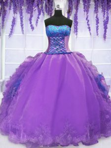 Bordados y volantes de lujo vestidos de quinceanera púrpura hasta la longitud del piso sin mangas