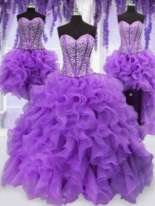 Excelente de cuatro piezas berenjena púrpura vestido de novia sin mangas de longitud de piso de organza sin mangas de encaje hasta volantes y vestidos quinceanera lentejuelas