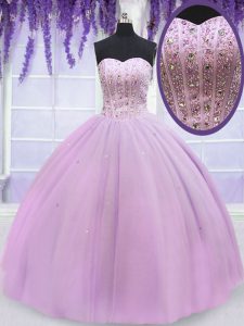 Cautivadora longitud sin mangas del piso de Tulle ata para arriba el vestido de quinceanera en lila con el rebordear