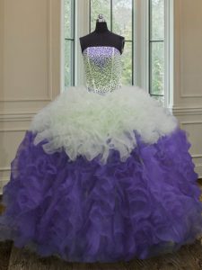 Fantástico piso longitud vestidos de fiesta sin mangas blanco y púrpura vestido de fiesta vestido de fiesta hasta encaje