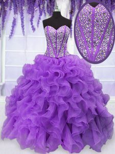 La longitud sin mangas púrpura del piso de la venta caliente que rebordea y las colmenas atan para arriba el décimo quinto vestido del cumpleaños