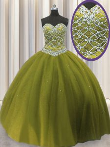 Los vestidos de bola verde oliva longitud sin mangas del piso que rebordea del amor de Tulle atan para arriba dulce 16 vestido del quinceanera