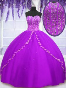 Glamorous sin mangas de longitud del piso perlas y lentejuelas hasta el cordón dulce 16 vestido de quinceañera con púrpura