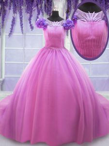 Rosa rosa vestidos de bola cucharada mangas cortas longitud de piso de tul hasta encaje hasta la mano flor vestido de cumpleaños 15