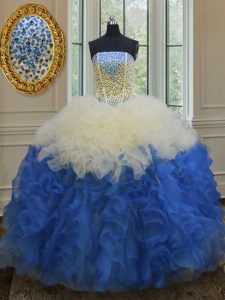 Los vestidos de bola del quince de la longitud del piso de la clase alta azul y blanco sin mangas sin tirantes atan para arriba