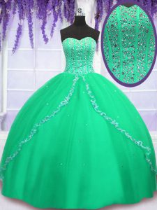 El nuevo verde del estilo ata para arriba el vestido del quinceanera del dulce 16 que rebordea y longitud sin mangas del piso de los cequis