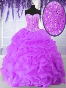 Línea de longitud de piso lila sin mangas asequible perlas y volantes de encaje hasta vestido de baile vestido de fiesta