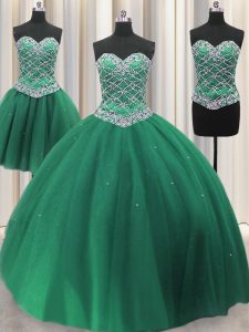 Beauteous longitud de piso de tres piezas verde dulce 16 vestidos de encaje sin mangas de amor hasta