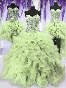 Gloriosa de cuatro piezas verde amarillo verde vestido de organza novia sin mangas volantes y lentejuelas longitud del piso hasta los vestidos de quinceañera