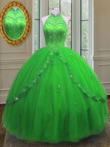 Los vestidos de bola del nuevo estilo 15 vestido del quinceanera alto-cuello la longitud sin mangas del piso de Tulle atan para arriba